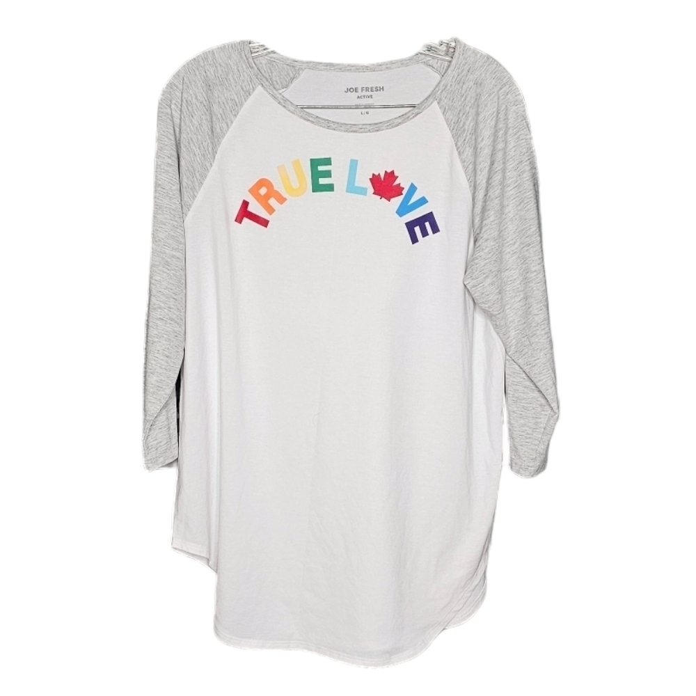 Pride Heather Grey White Baseball T-shirt TRUE LOVE print Rainbow Colours Large